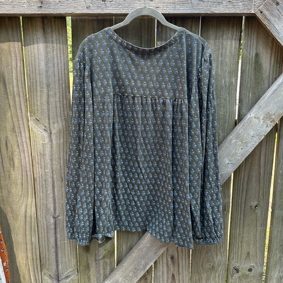 Lucky Brand Boho Patterned Army Green Casual Loose Fit Bubble Sleeve Blouse - Picture 7 of 7